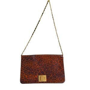 Chico's Leopard animal Print Chain Shoulder Bag Gold Clasp Red Lining fierce